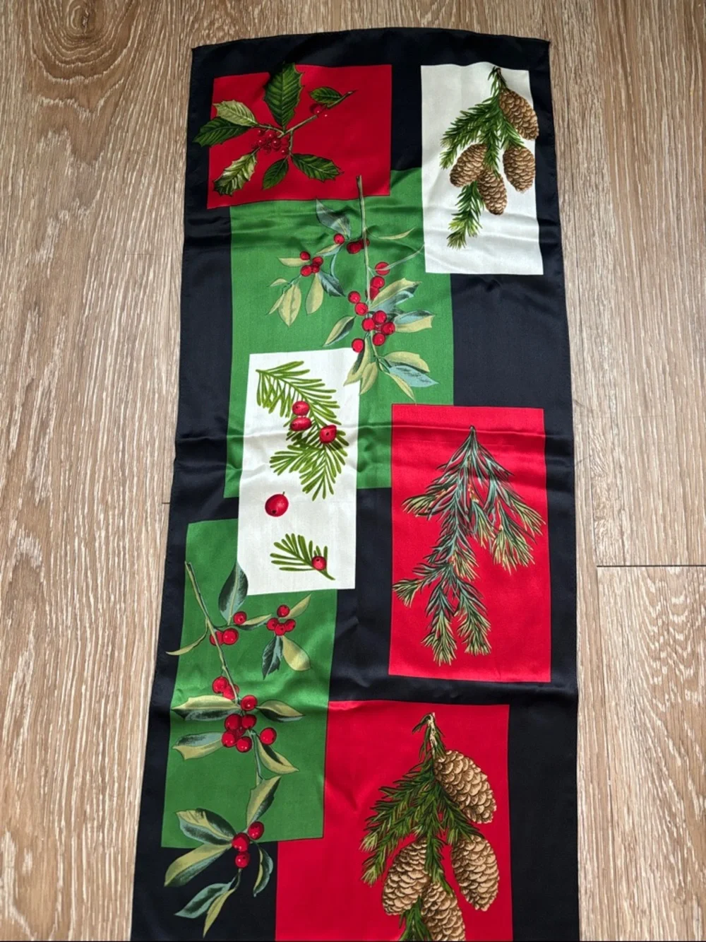 Vintage Echo silk scarf, Christmas/Holiday/Winter berry & holly print 11”x53”